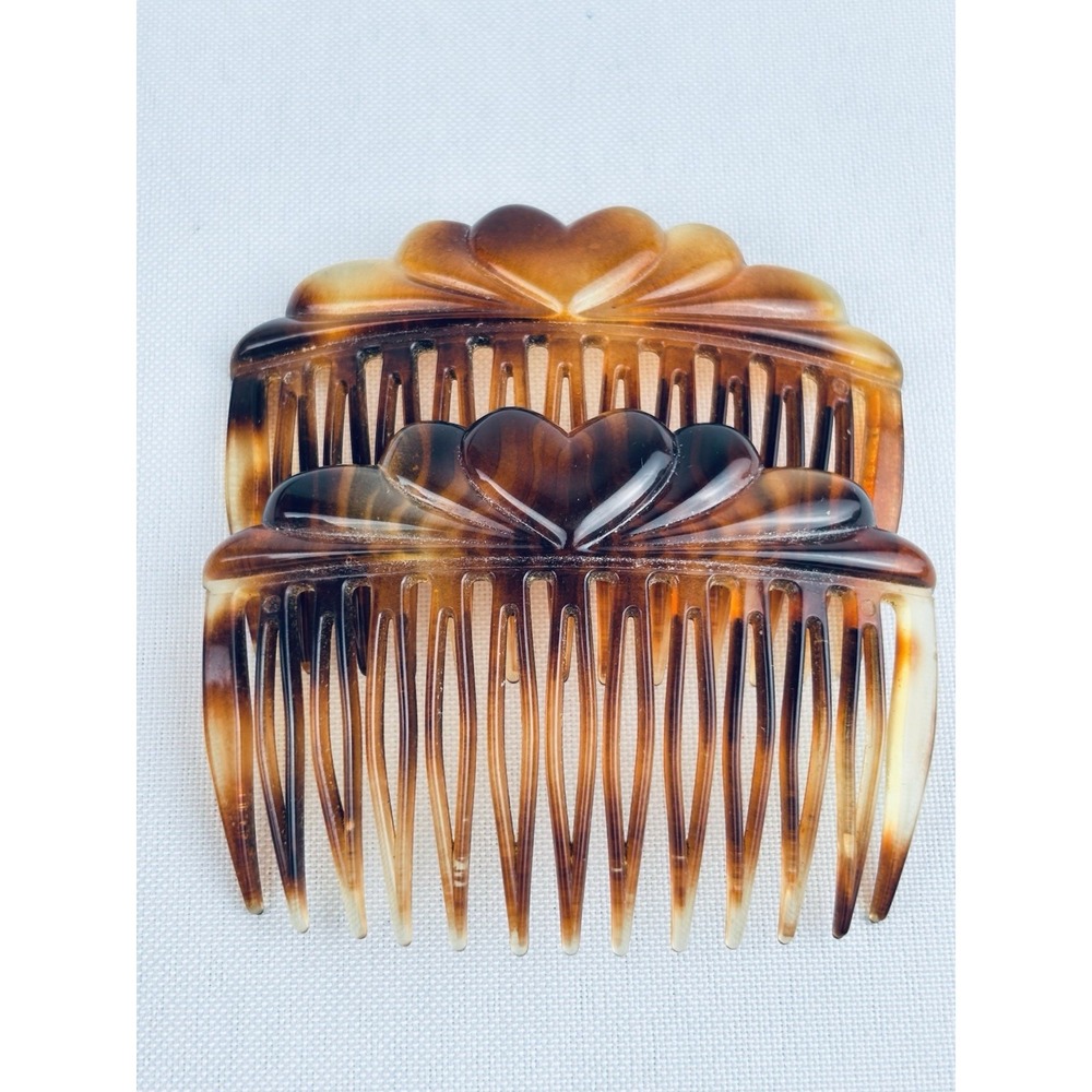 Lot 2 Vintage Faux Tortoise Shell Side Heart Hair Comb Barrettes France Combs